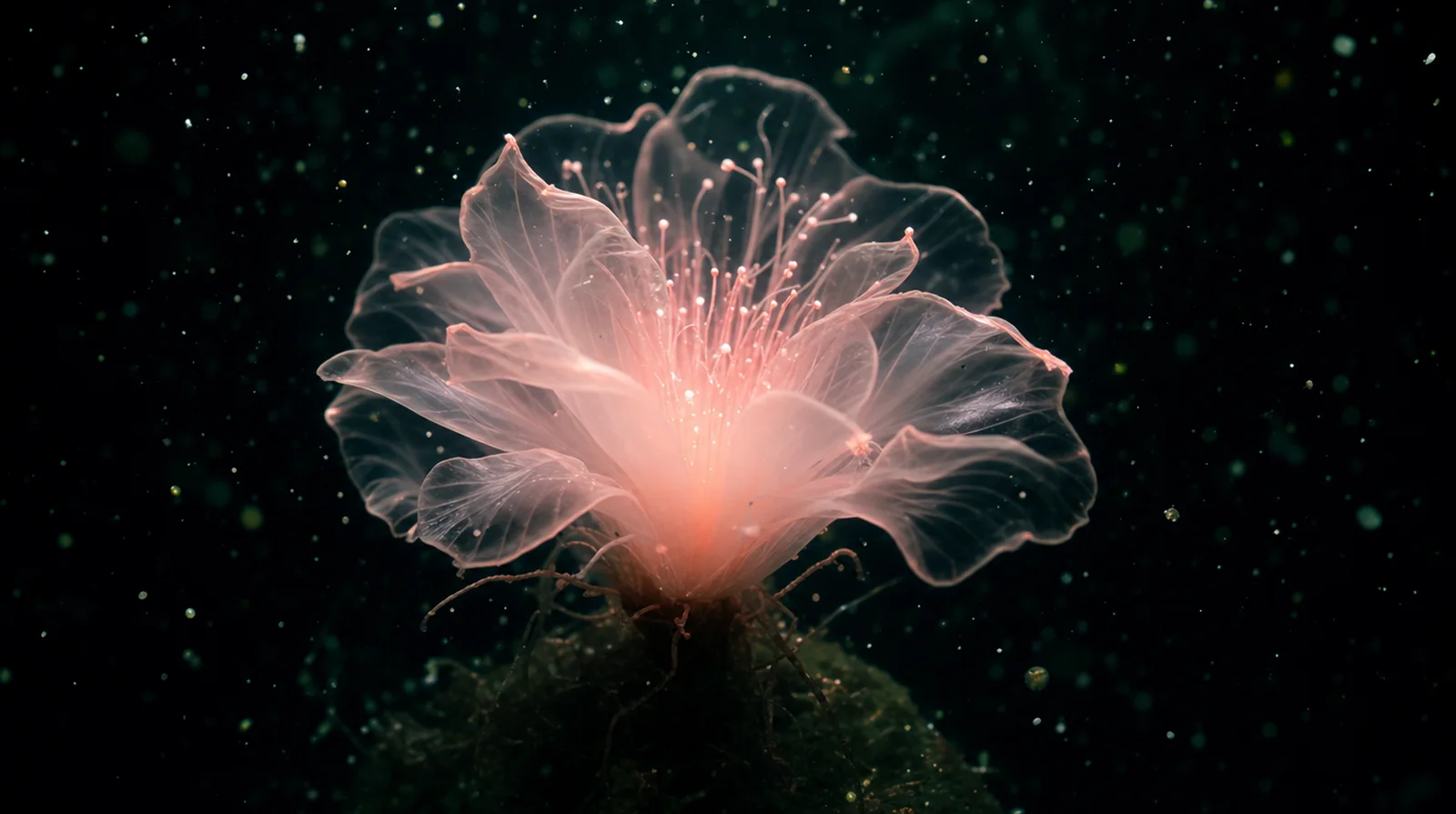 A bioluminescent flower blooming in dark water