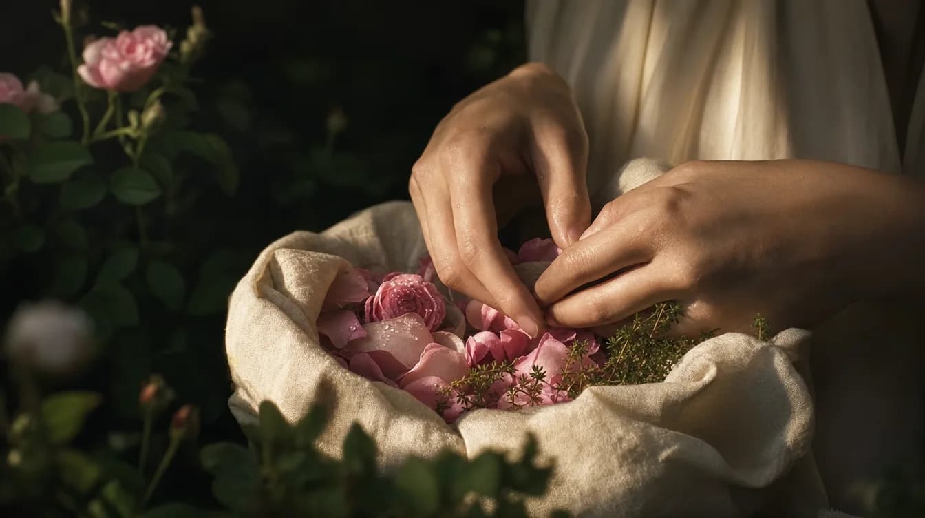 Hands gathering petals and herbs at dawn