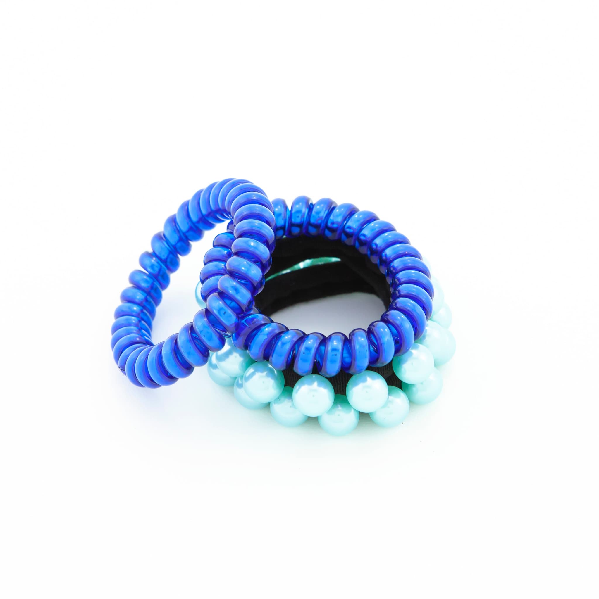 Hair Tie Blue Phone Cord & Pearls - Pack of 4