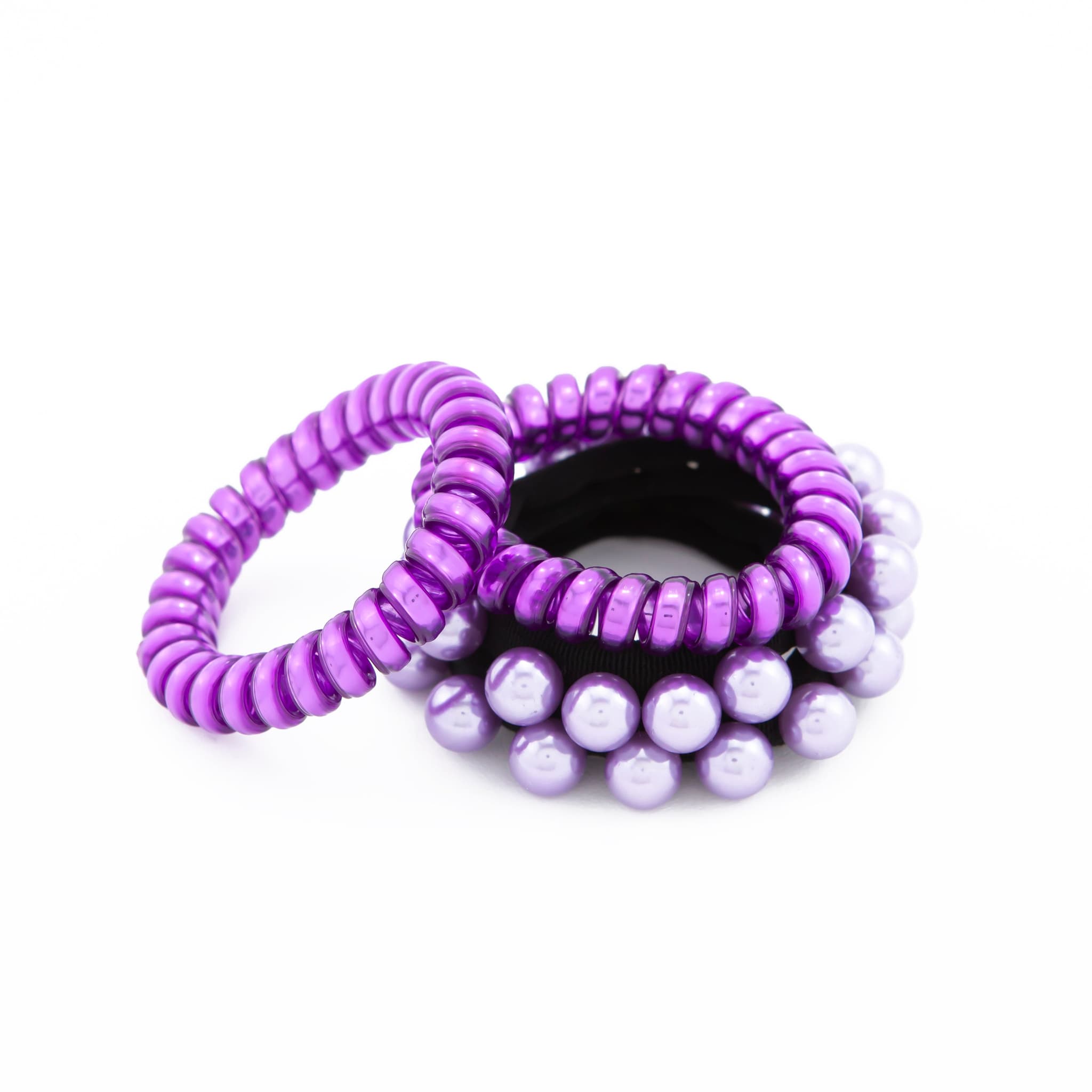 Hair Tie Purple Phone Cord & Pearls - Pack of 4