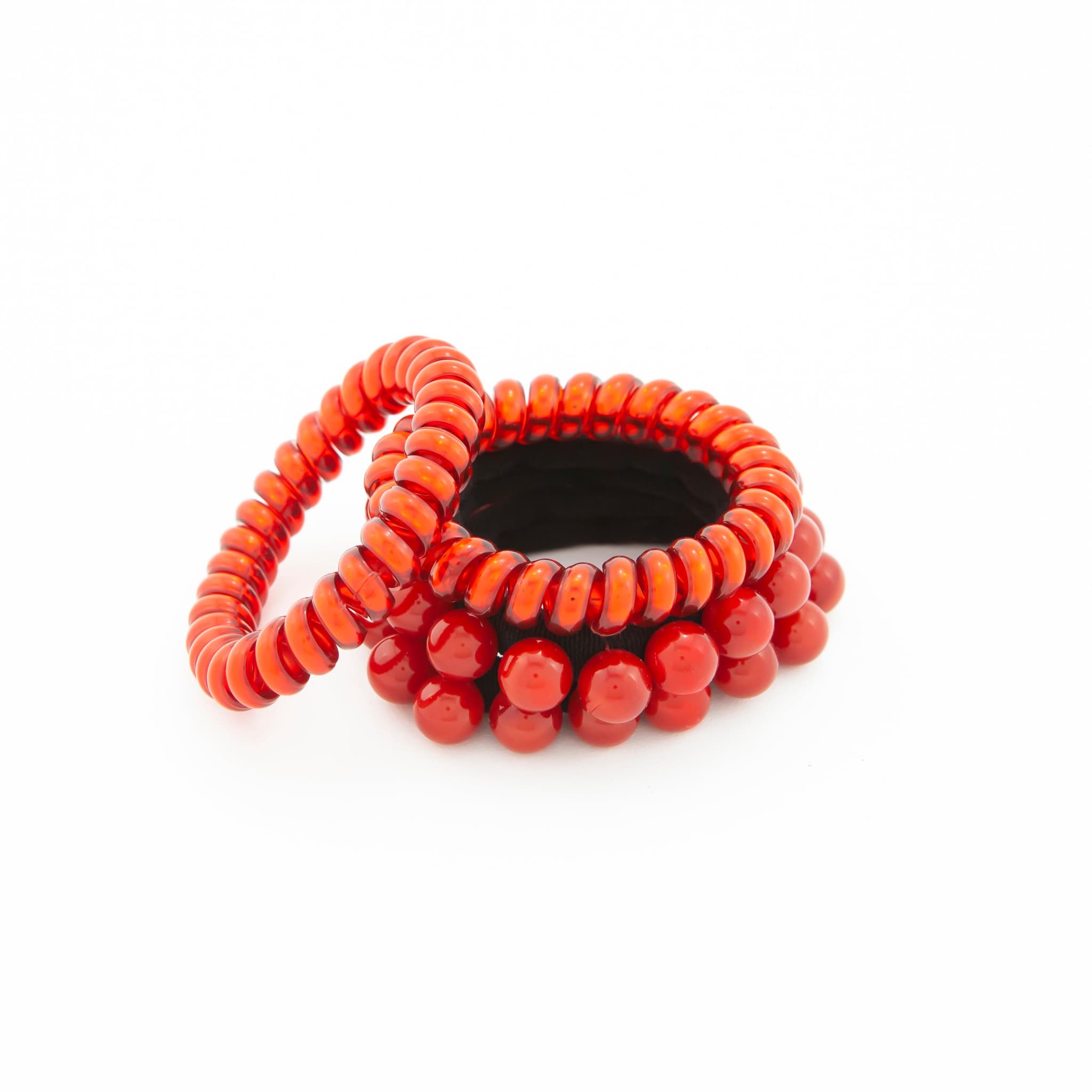 Hair Tie Red Phone Cord & Pearls - Pack of 4