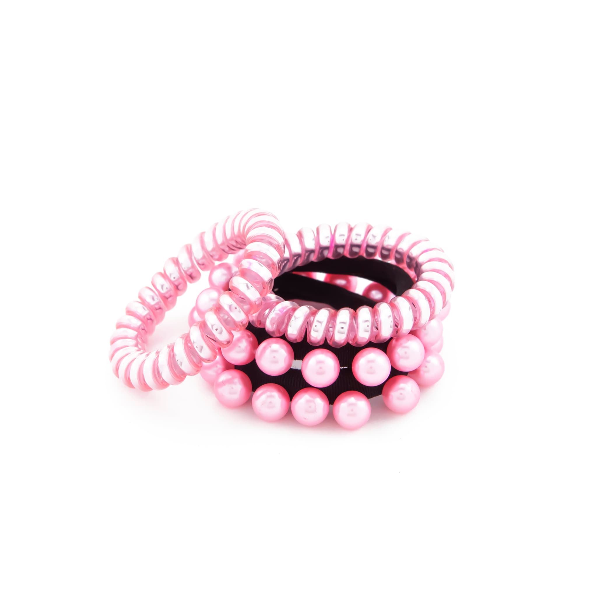 Hair Tie Pink Phone Cord & Pearls - Pack of 4